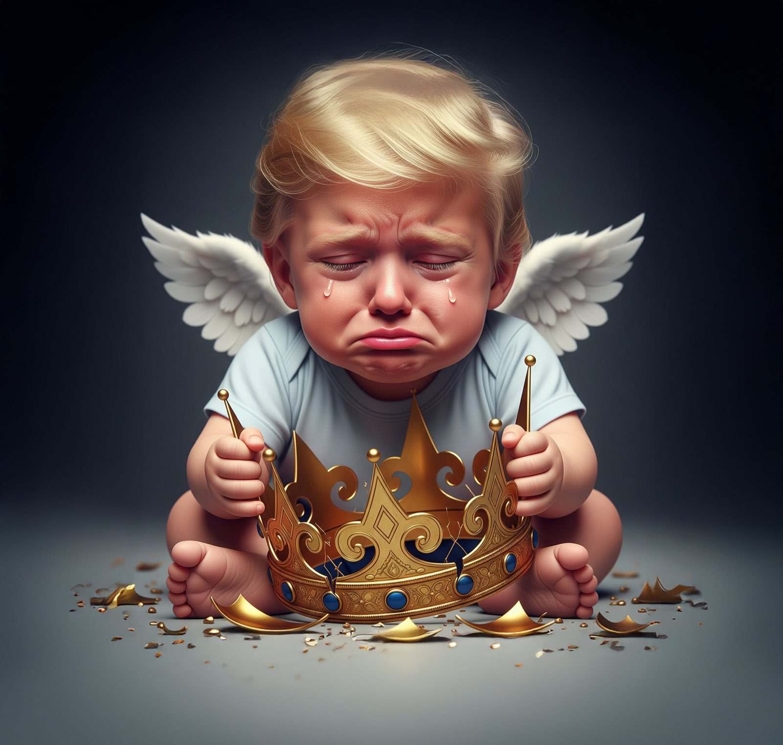 A crying baby Trump holding a broken crown.